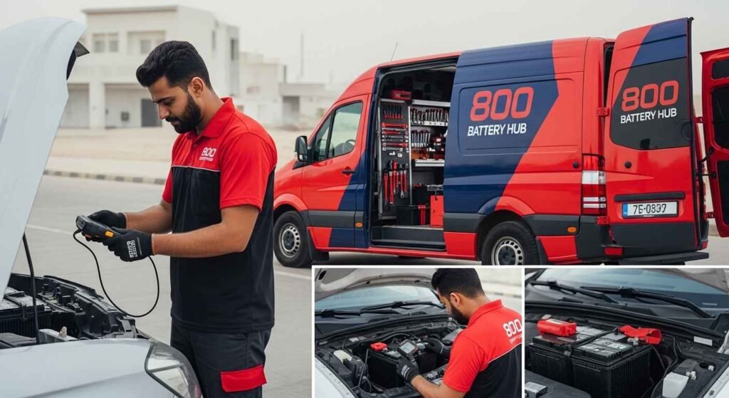 Professional on-site car battery replacement and system testing at your location across UAE