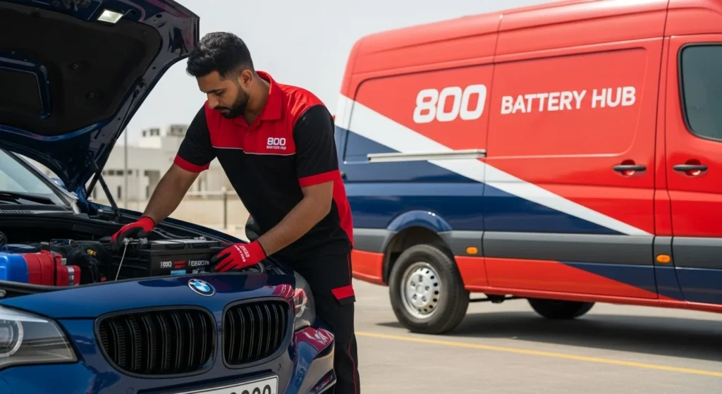 Technician delivering, installing, and testing car battery on-site with service van