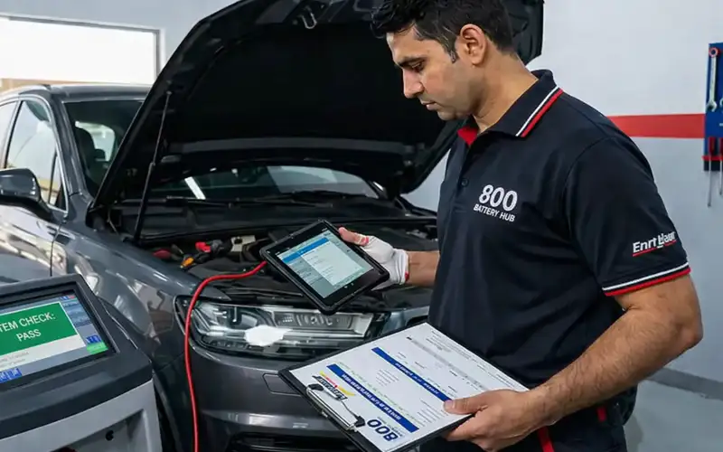 Technician testing Kia electrical system and activating battery warranty