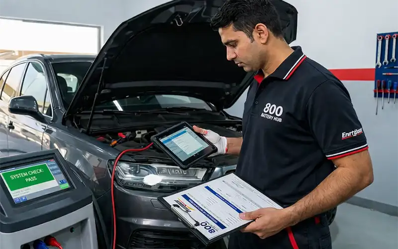 Technician performing system check and registering warranty for battery replacement