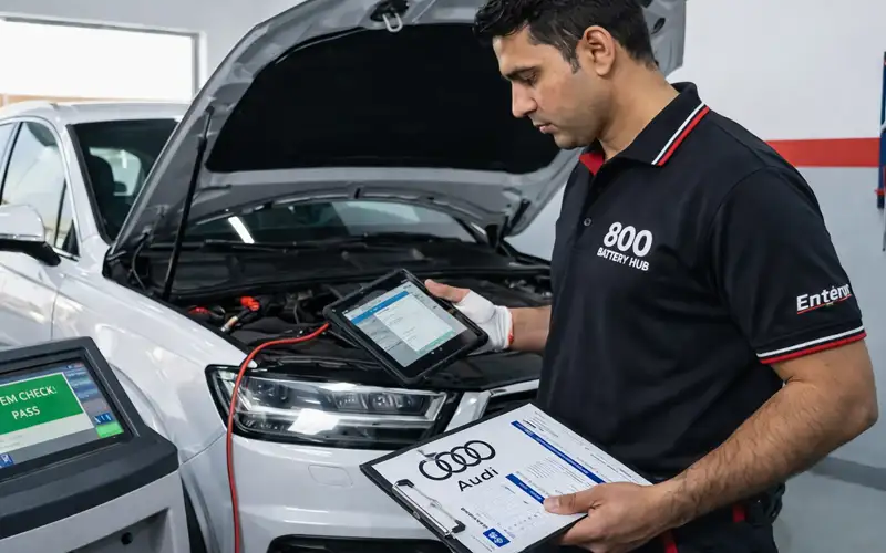 Final Audi battery testing with warranty registration and full system check