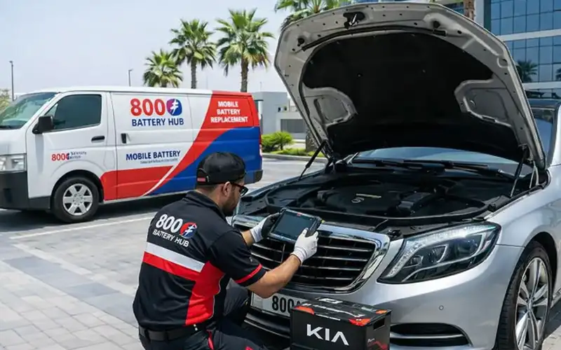 Mobile Kia battery replacement service with on-site diagnostics in UAE