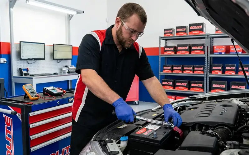 Technician safely removes old battery, protects terminals, installs new battery, and resets system
