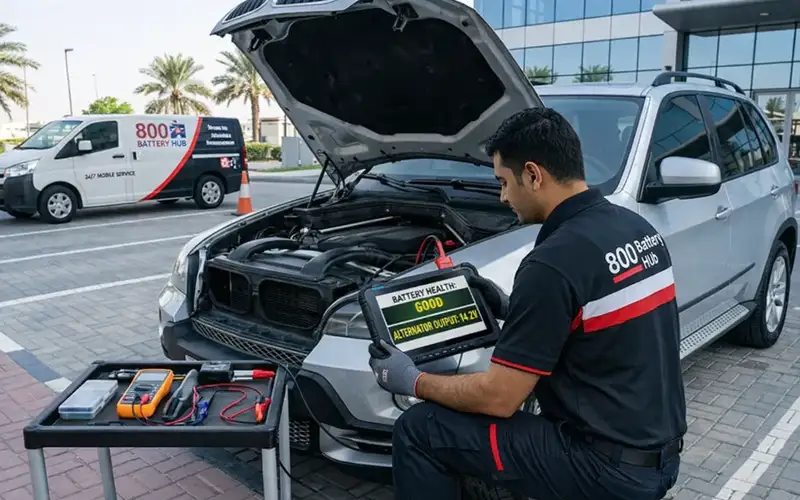 Technician diagnosing energizer battery health and alternator output