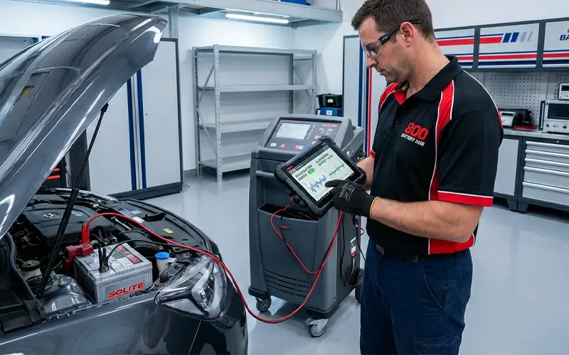 Technician checks battery health, alternator, and charging system for Solite battery replacement