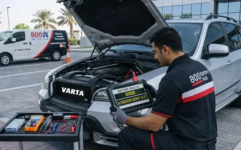 Technician diagnosing Audi battery health and alternator performance